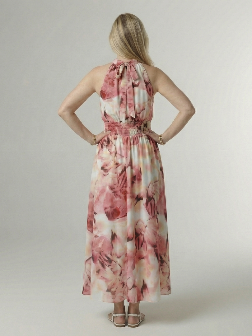 Halter Neck Sleeveless Smocked Waist Tie Dye Flowy A Line Wedding Guest Maxi Dress