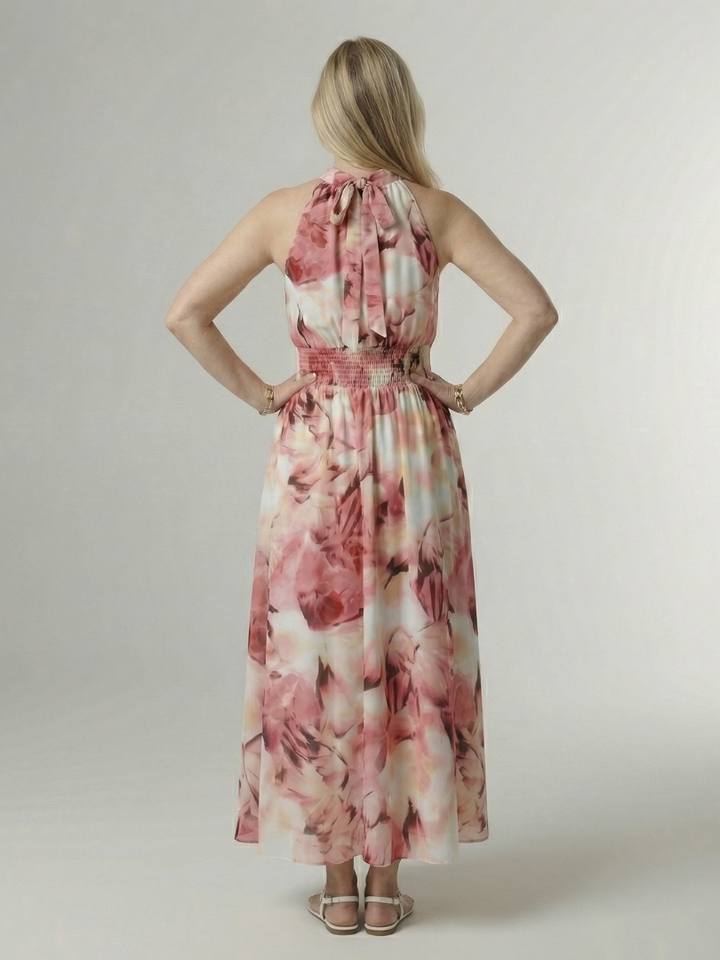 Halter Neck Sleeveless Smocked Waist Tie Dye Flowy A Line Wedding Guest Maxi Dress