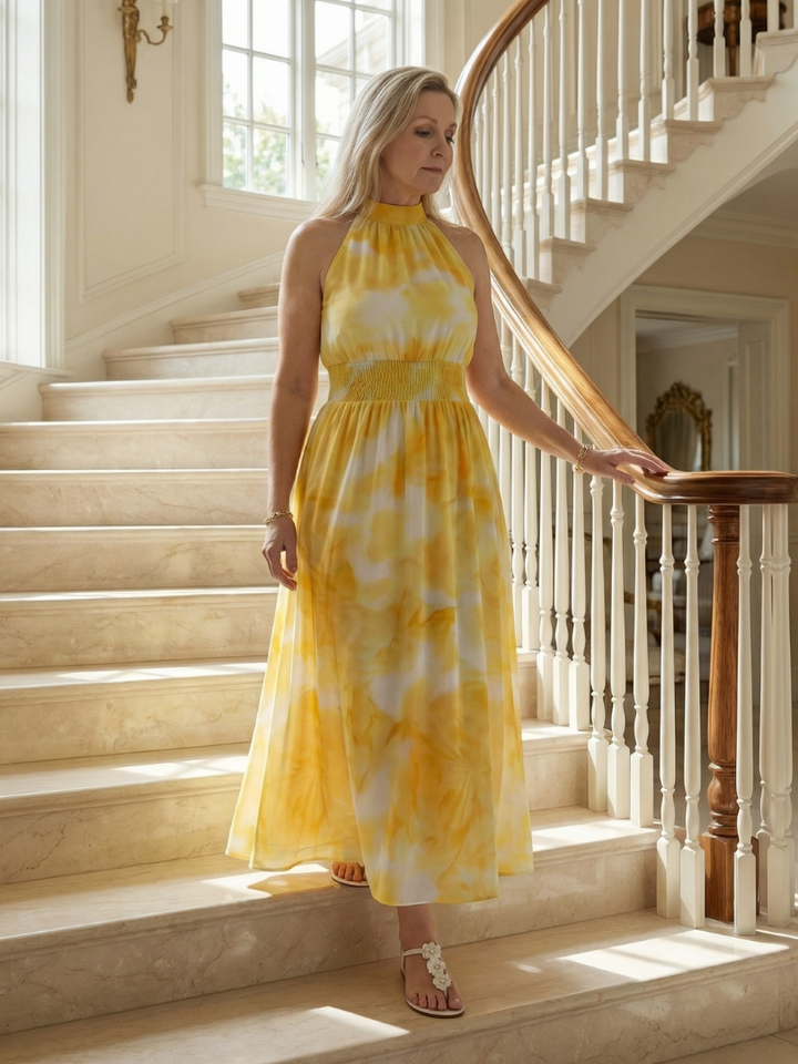 Halter Neck Sleeveless Smocked Waist Tie Dye Flowy A Line Wedding Guest Maxi Dress