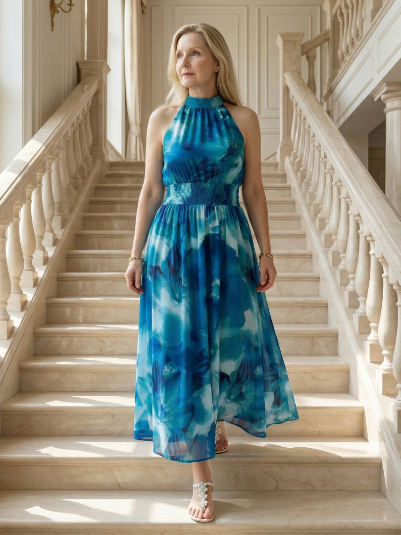 Halter Neck Sleeveless Smocked Waist Tie Dye Flowy A Line Wedding Guest Maxi Dress