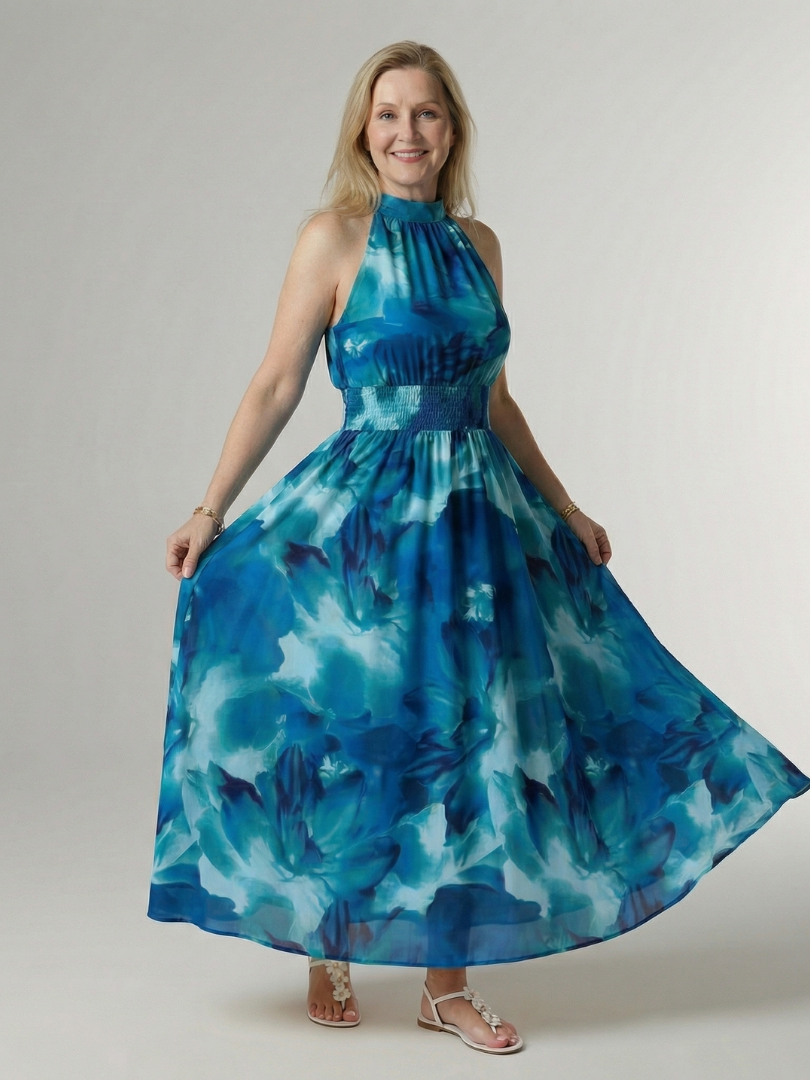 Halter Neck Sleeveless Smocked Waist Tie Dye Flowy A Line Wedding Guest Maxi Dress