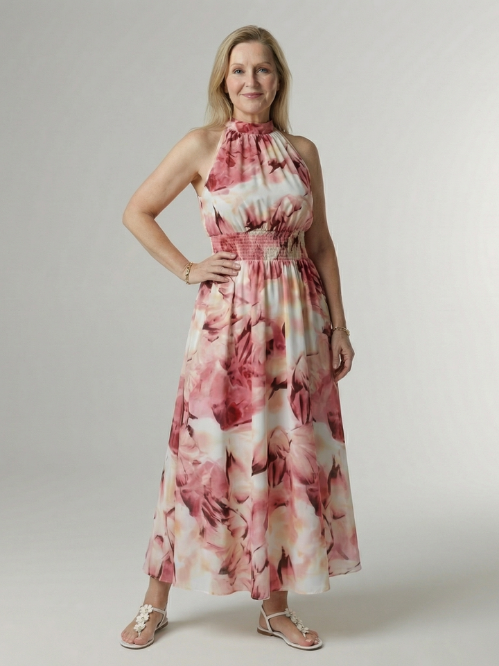 Halter Neck Sleeveless Smocked Waist Tie Dye Flowy A Line Wedding Guest Maxi Dress
