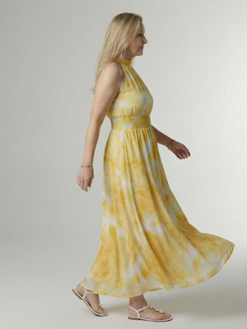Halter Neck Sleeveless Smocked Waist Tie Dye Flowy A Line Wedding Guest Maxi Dress