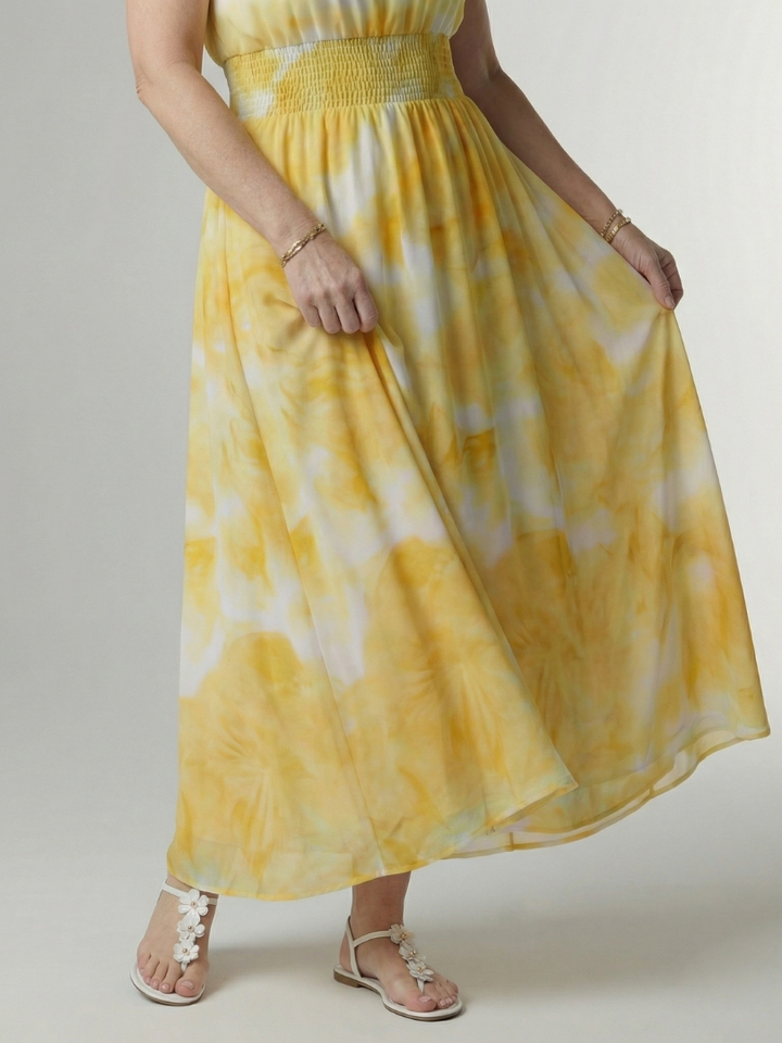 Halter Neck Sleeveless Smocked Waist Tie Dye Flowy A Line Wedding Guest Maxi Dress