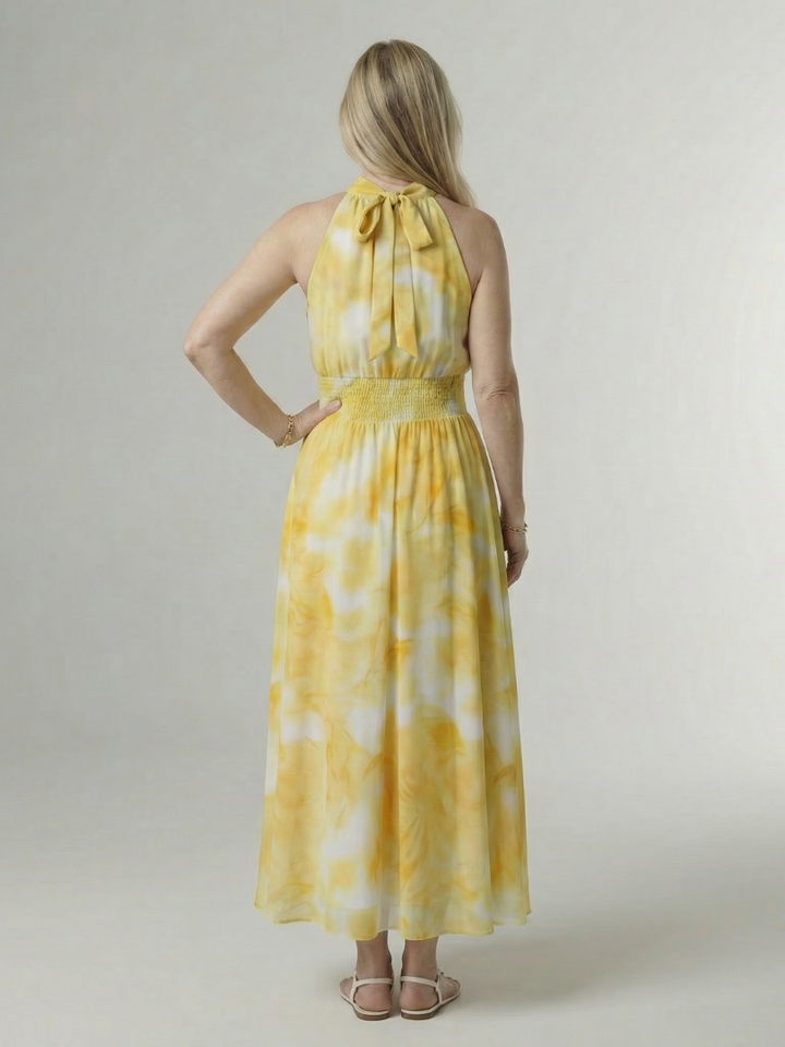 Halter Neck Sleeveless Smocked Waist Tie Dye Flowy A Line Wedding Guest Maxi Dress