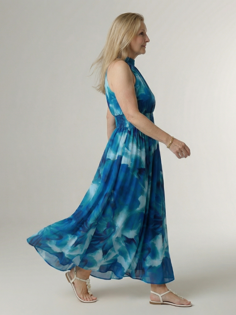 Halter Neck Sleeveless Smocked Waist Tie Dye Flowy A Line Wedding Guest Maxi Dress