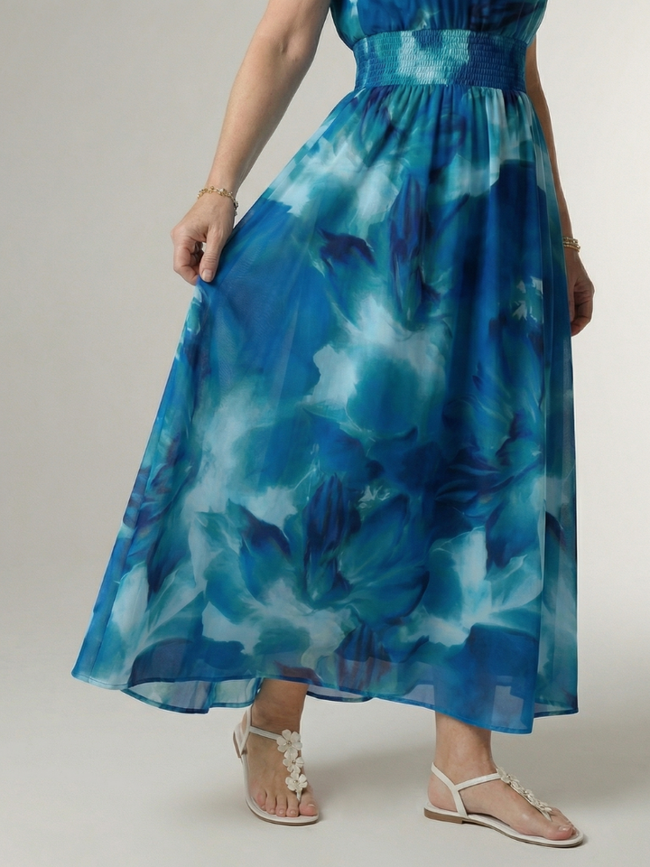 Halter Neck Sleeveless Smocked Waist Tie Dye Flowy A Line Wedding Guest Maxi Dress