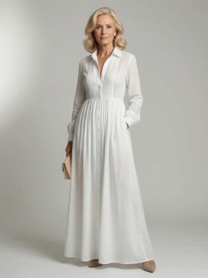 White Collared Button Front Long Sleeve Pleated Pocket A Line Shirt Maxi Dress