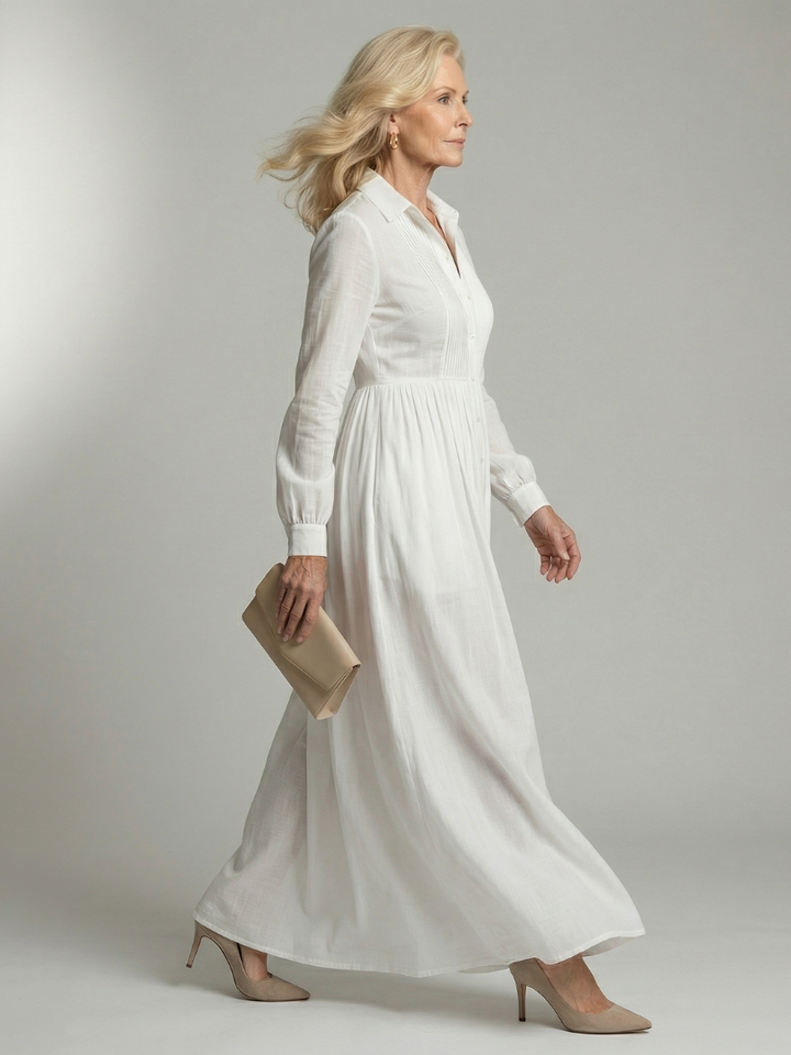 White Collared Button Front Long Sleeve Pleated Pocket A Line Shirt Maxi Dress
