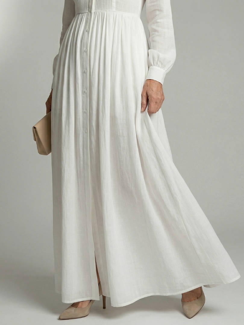 White Collared Button Front Long Sleeve Pleated Pocket A Line Shirt Maxi Dress