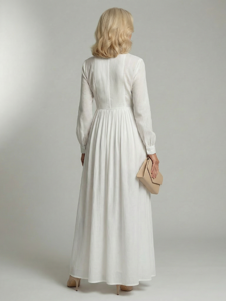 White Collared Button Front Long Sleeve Pleated Pocket A Line Shirt Maxi Dress