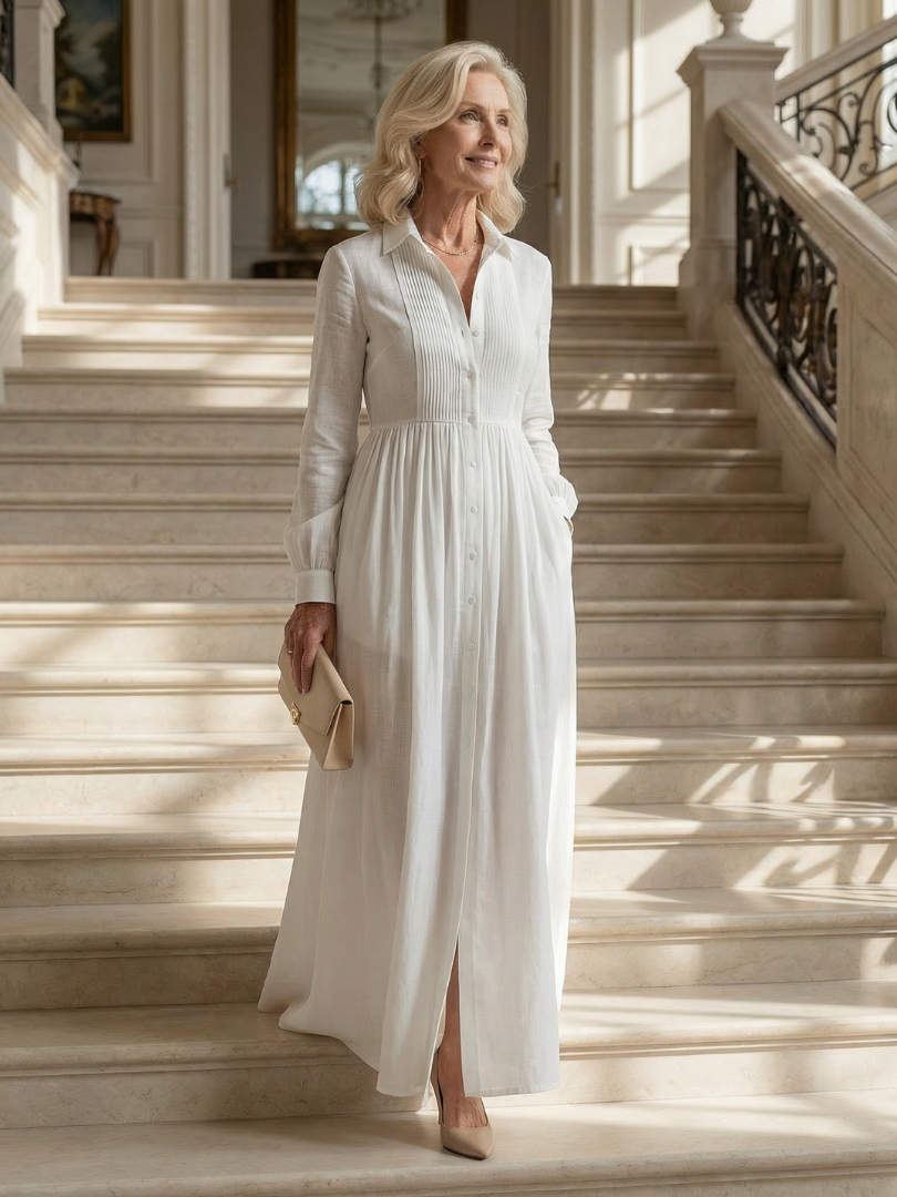 White Collared Button Front Long Sleeve Pleated Pocket A Line Shirt Maxi Dress