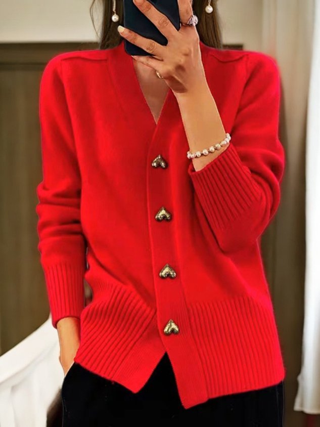 Red Cardigan Heart Button V Neck