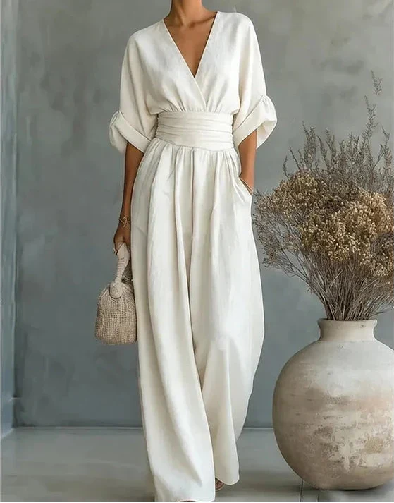V Neck Batwing Sleeve Belted Tie Waist Wide Leg Palazzo Jumpsuit
