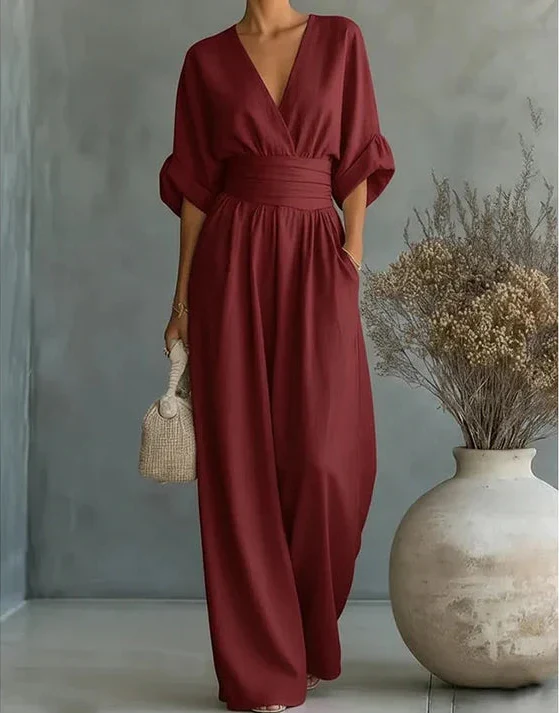V Neck Batwing Sleeve Belted Tie Waist Wide Leg Palazzo Jumpsuit