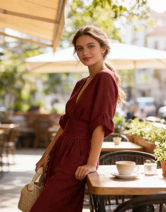 V Neck Batwing Sleeve Belted Tie Waist Wide Leg Palazzo Jumpsuit