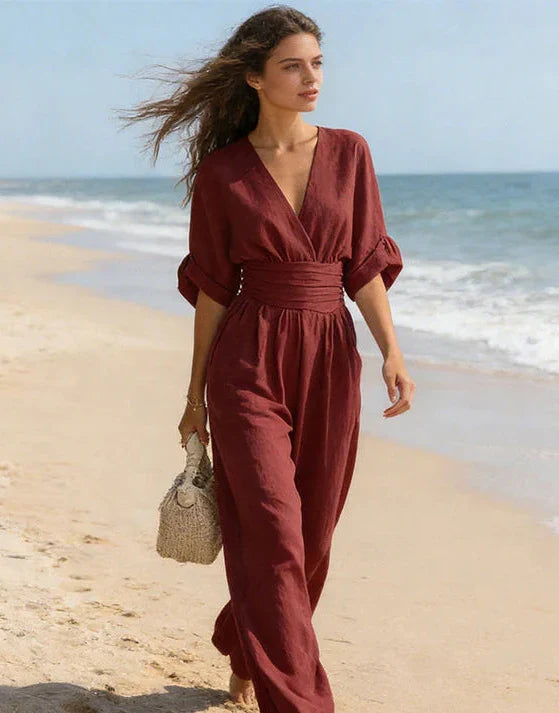 V Neck Batwing Sleeve Belted Tie Waist Wide Leg Palazzo Jumpsuit