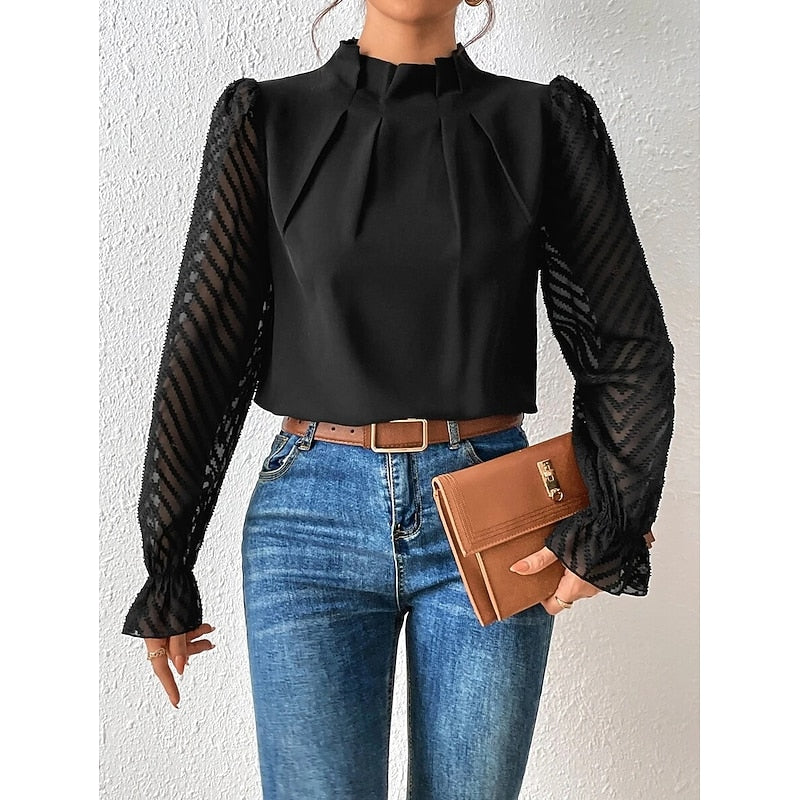 Mock Neck Long Sleeve Pleated Sheer Lace Ruffle Going Out Blouse Top