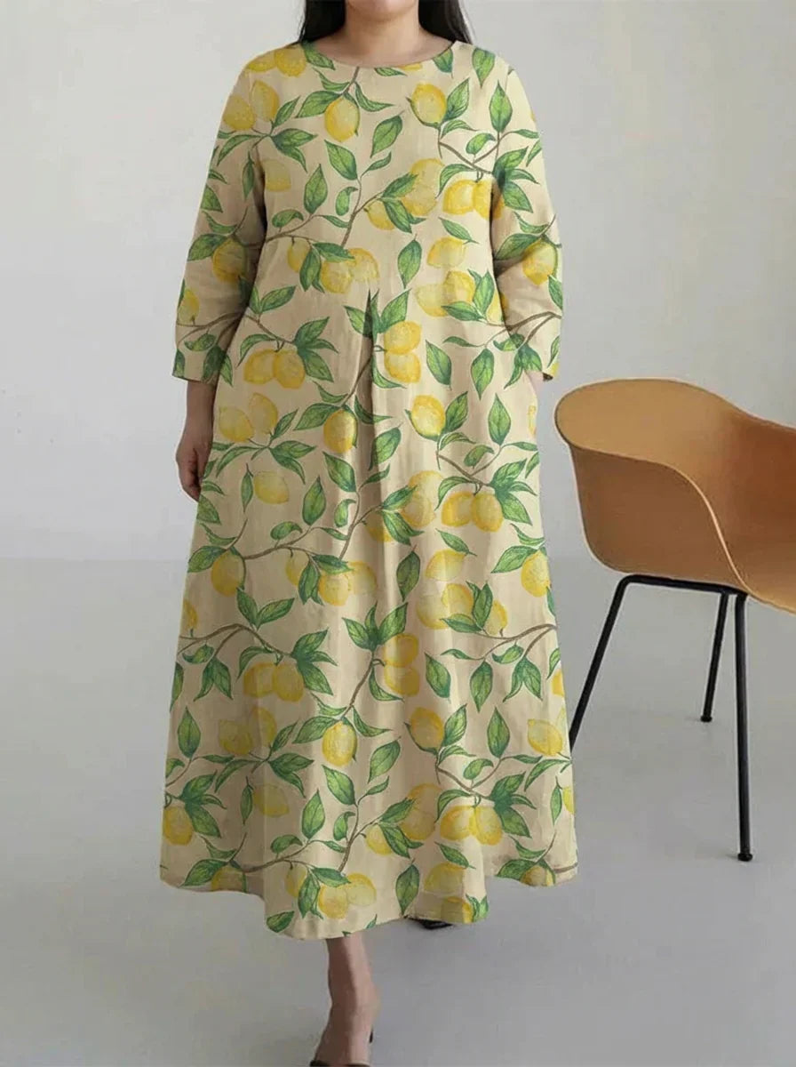 Yellow Lemon Floral Print Round Neck Long Sleeve Pocket Loose Oversized Plus Size Boho Midi Dress