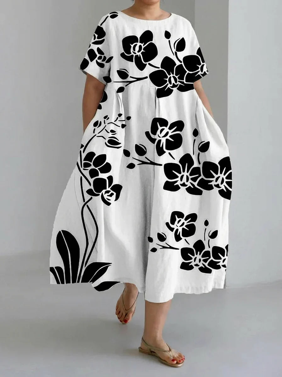 Floral Print Round Neck Short Sleeve Pocket Loose Oversized Plus Size Boho Orchid Midi Dress