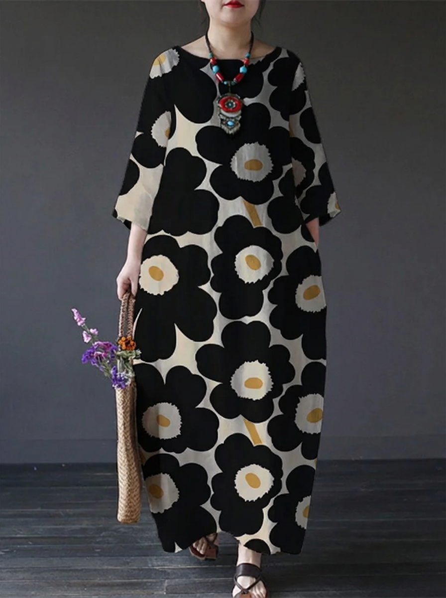 Floral Print Round Neck Long Sleeve Pocket Loose Oversized Plus Size Boho Retro Midi Dress