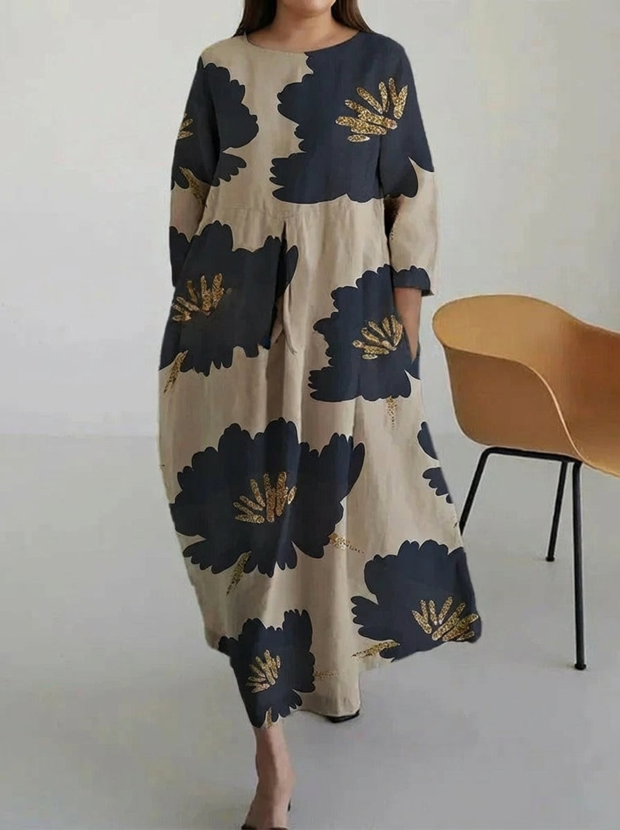 Floral Print Round Neck Long Sleeve Pocket Loose Oversized Plus Size Boho Midi Dress