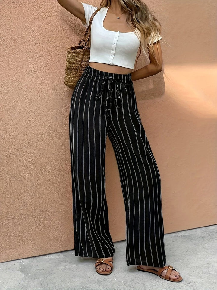 Striped High Waisted Drawstring Wide Leg Palazzo Trouser Pants
