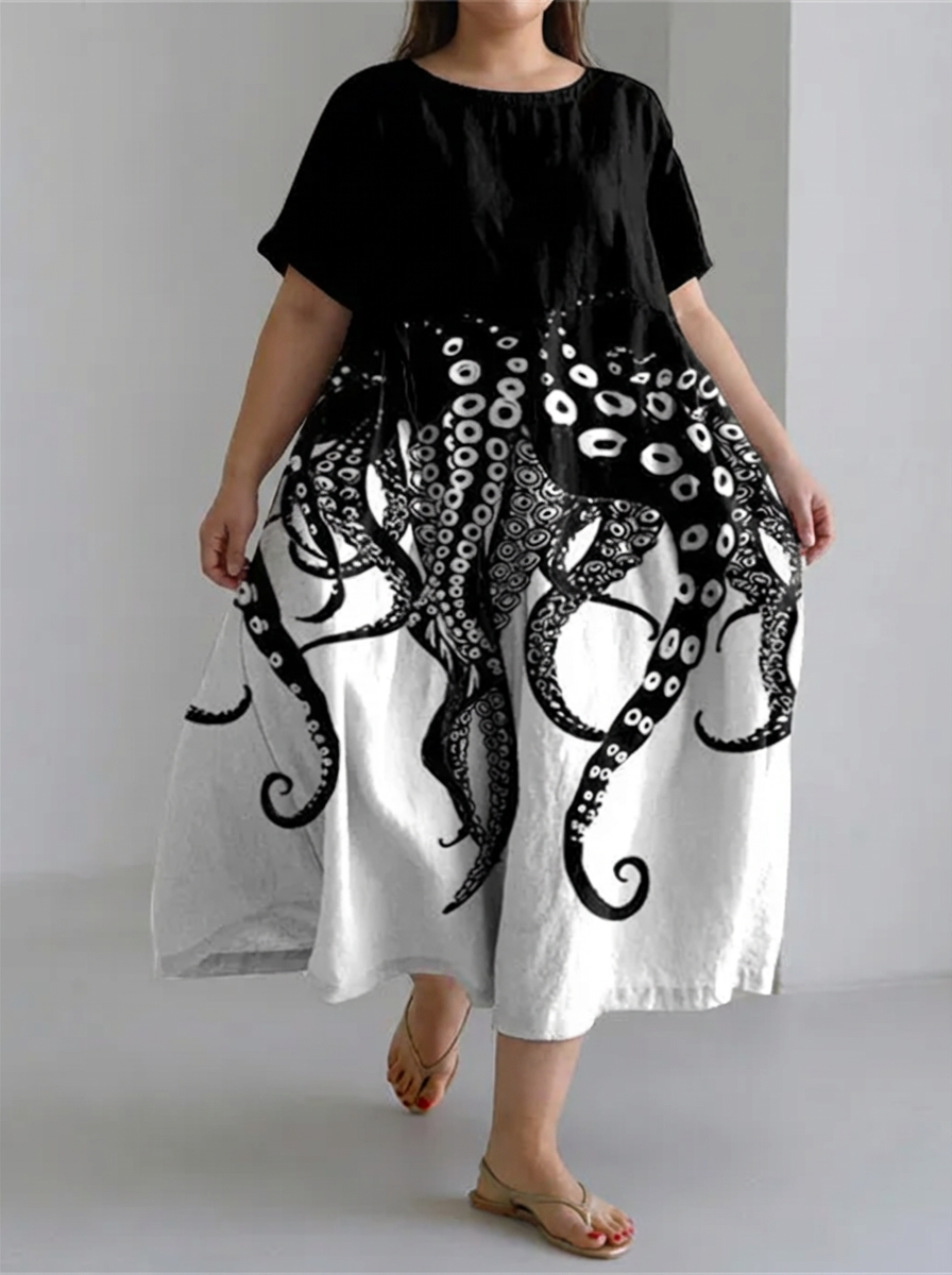 Black White Octopus Graphic Print Round Neck Short Sleeve Pocket Loose Oversized Plus Size Midi Dress
