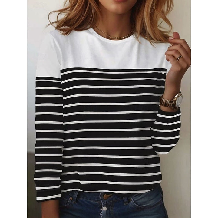 Striped Color Block Crew Neck Long Sleeve Casual Knit Tee Shirt Top