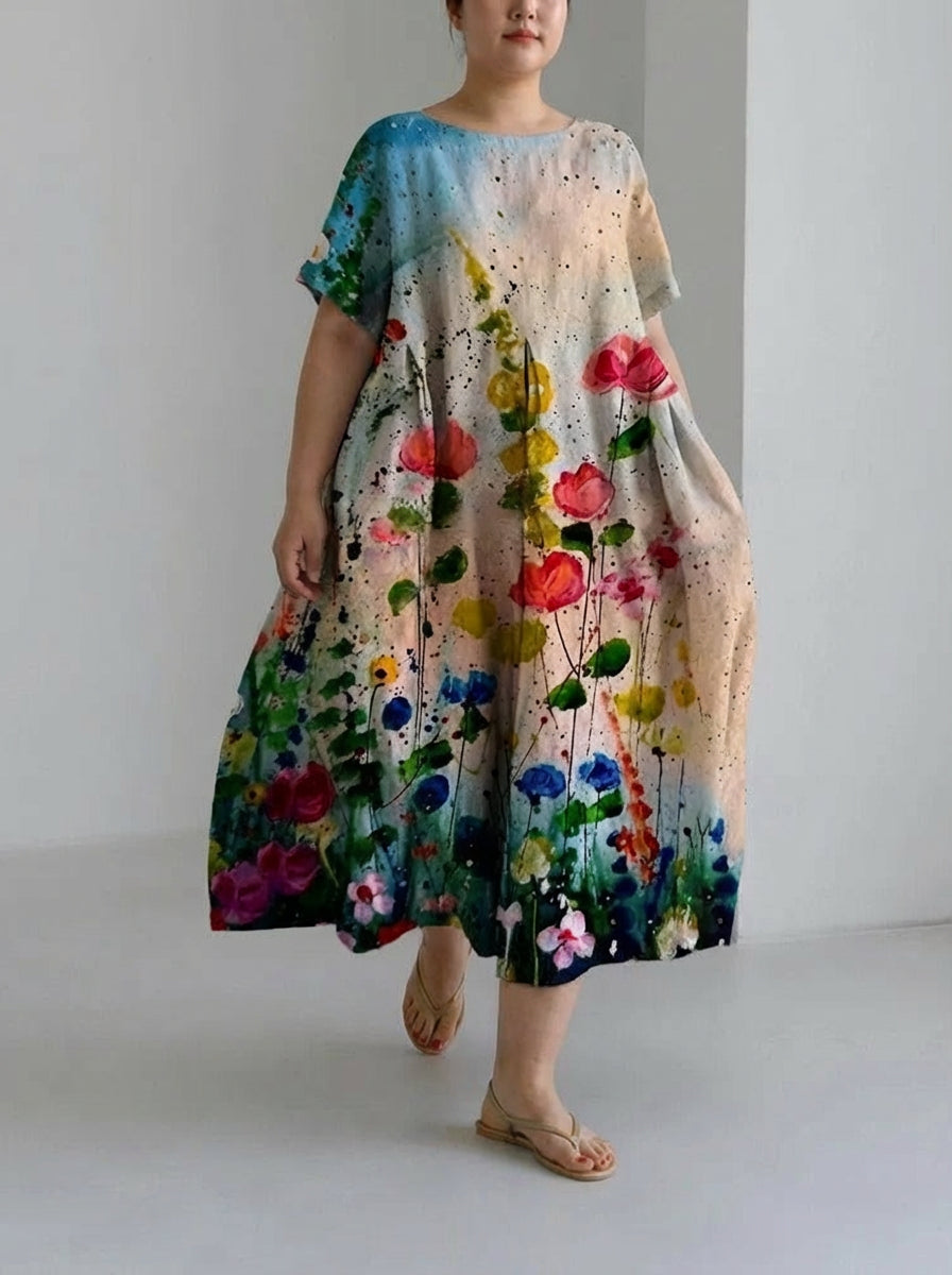 Floral Print Round Neck Short Sleeve Pocket Loose Oversized Plus Size Boho Midi Dress