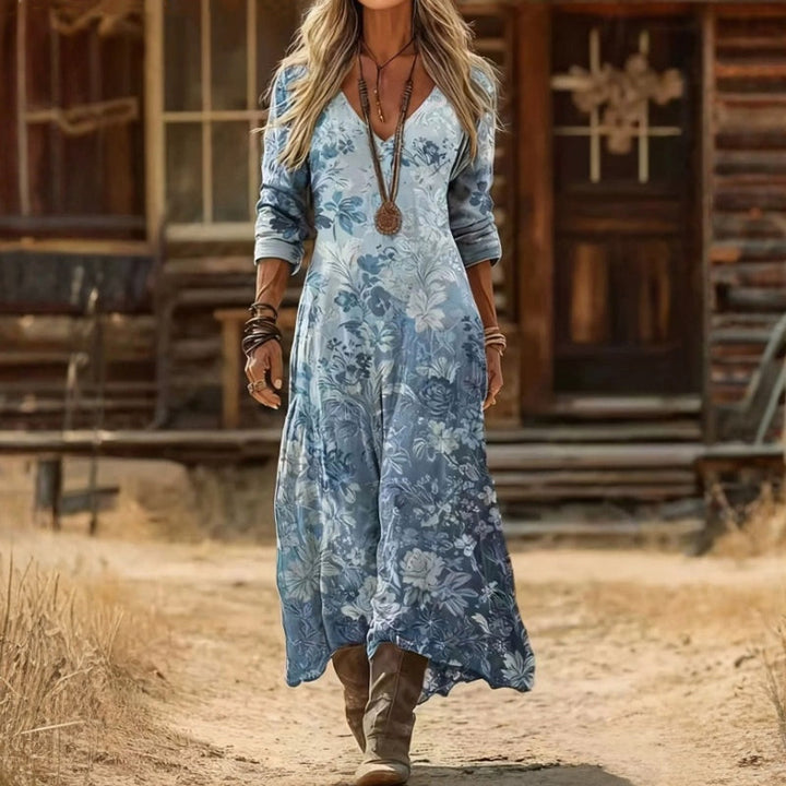 Blue Floral Print V Neck Long Sleeve Flowy Boho Western Maxi Midi Dress