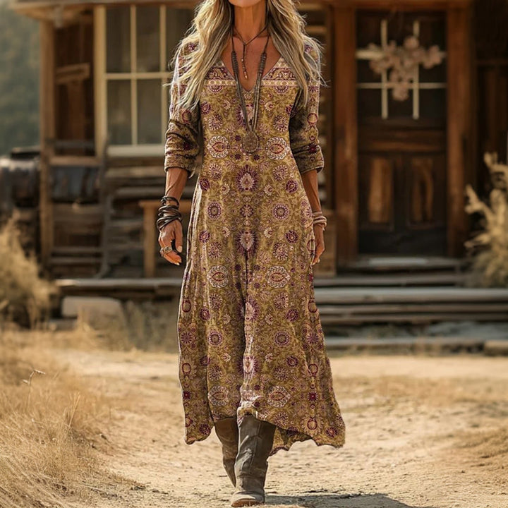 Floral Print V Neck Long Sleeve Flowy Boho Western Maxi Midi Dress