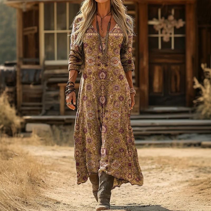 Floral Print V Neck Long Sleeve Flowy Boho Western Maxi Midi Dress