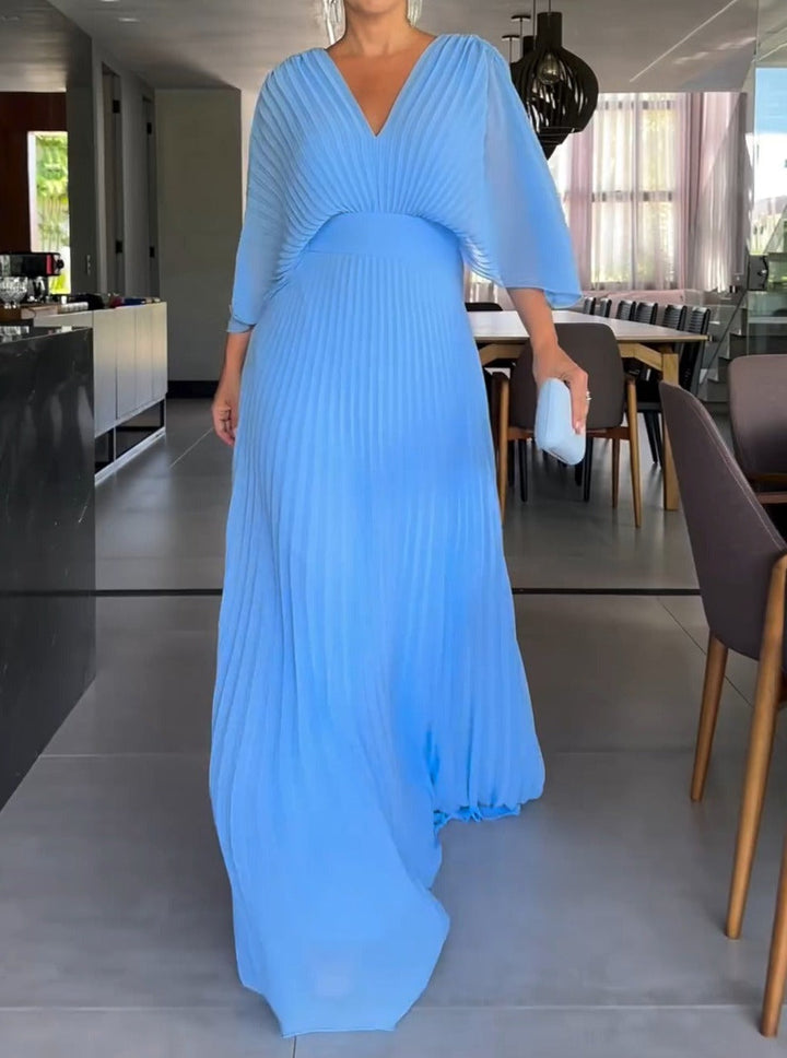 Nola | Women's Maxi V Neck Bell Sleeve Pleated Evening Gown