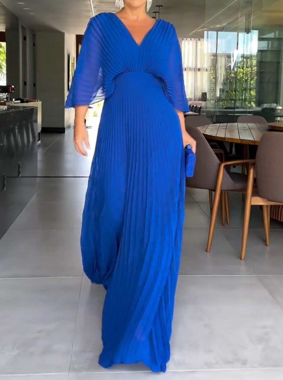 Nola | Women's Maxi V Neck Bell Sleeve Pleated Evening Gown