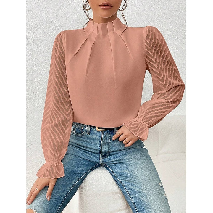 Mock Neck Long Sleeve Pleated Sheer Lace Ruffle Going Out Blouse Top
