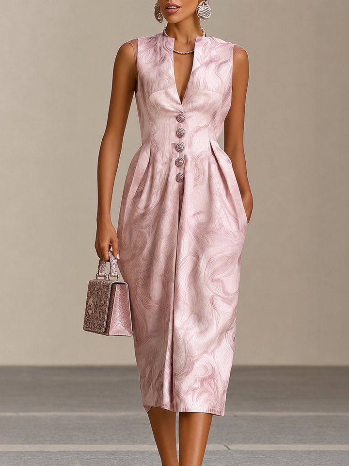Pink V Neck Sleeveless Pleated Button Front Sheath Cocktail Wedding Guest Midi Dress