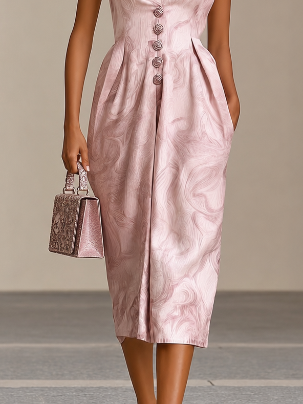 Pink V Neck Sleeveless Pleated Button Front Sheath Cocktail Wedding Guest Midi Dress
