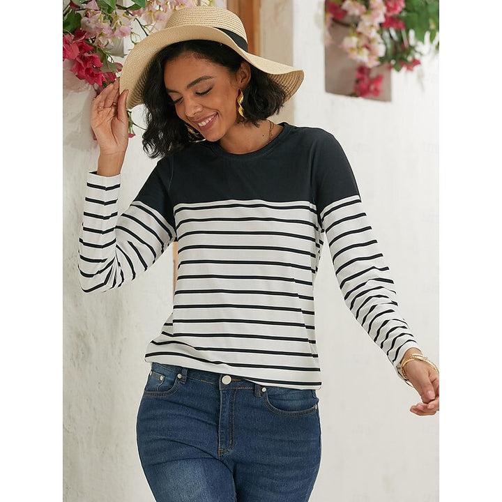 Striped Color Block Crew Neck Long Sleeve Casual Knit Tee Shirt Top