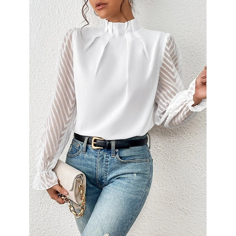Mock Neck Long Sleeve Pleated Sheer Lace Ruffle Going Out Blouse Top