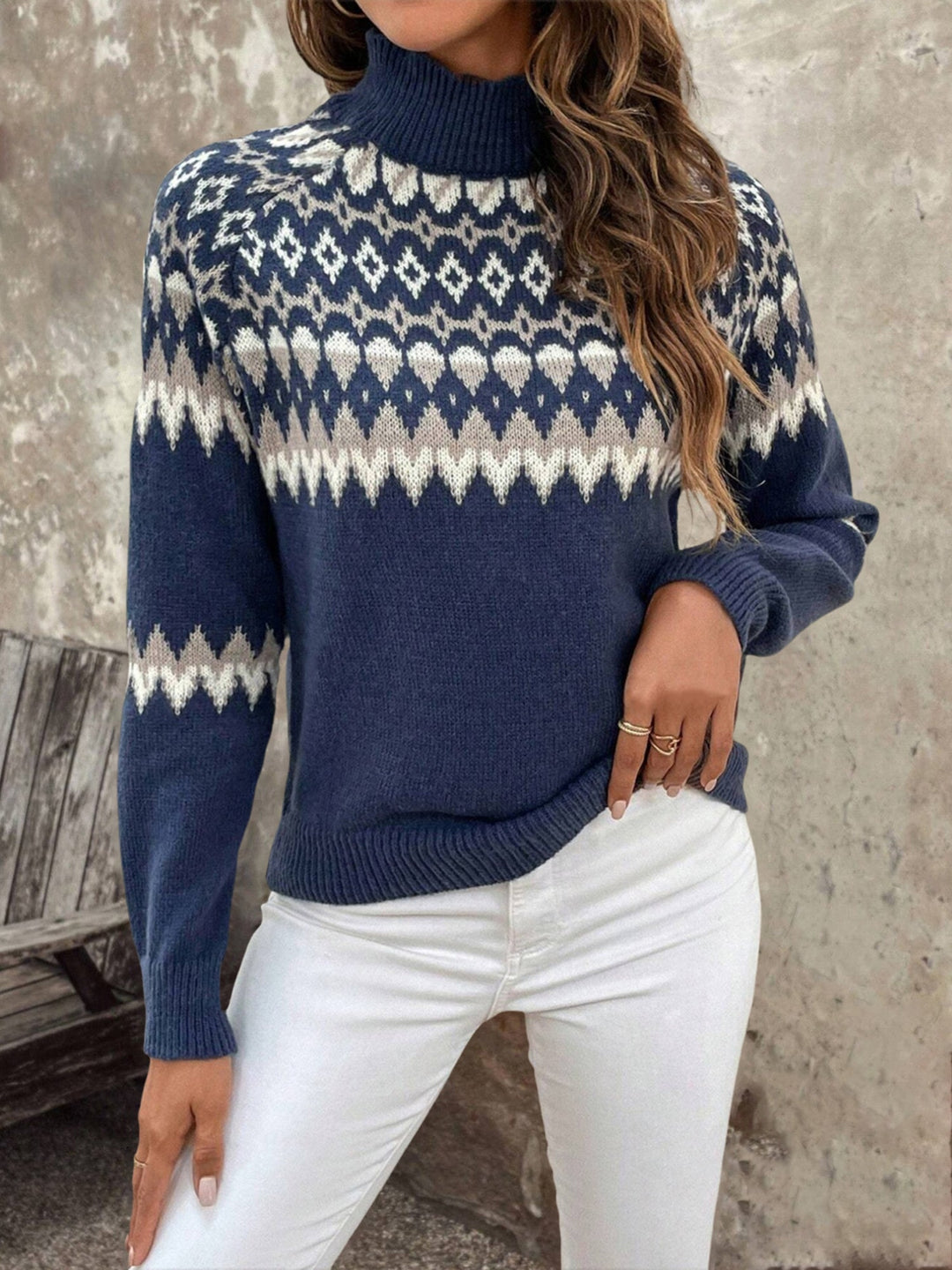 Stylish Fair Isle Knit Turtleneck Sweater for Women with High Neck Long Sleeve Plus Size Vacation Style