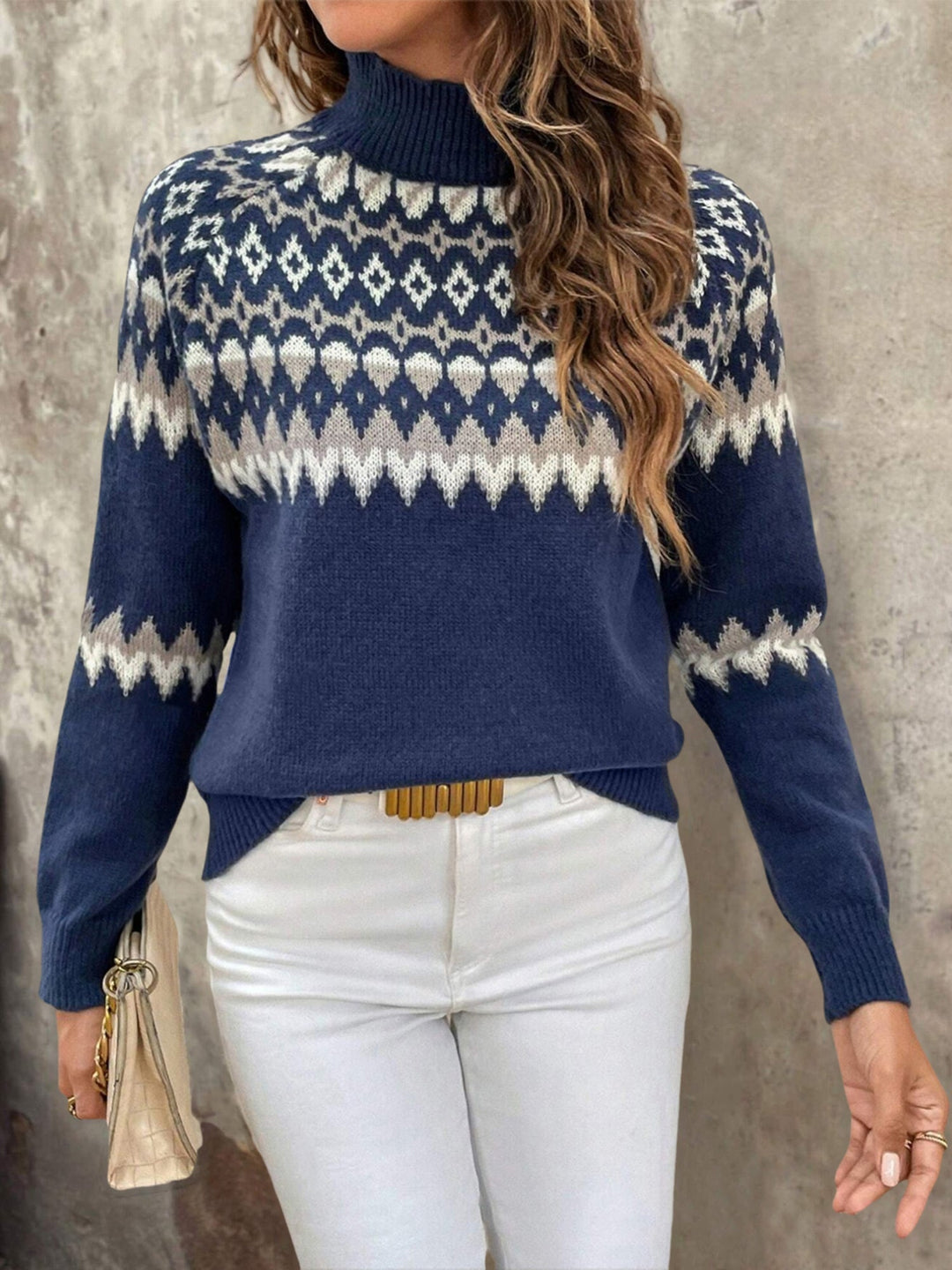 Stylish Fair Isle Knit Turtleneck Sweater for Women with High Neck Long Sleeve Plus Size Vacation Style