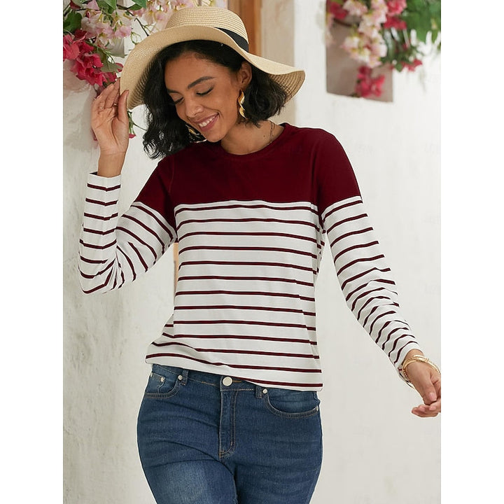 Striped Color Block Crew Neck Long Sleeve Casual Knit Tee Shirt Top