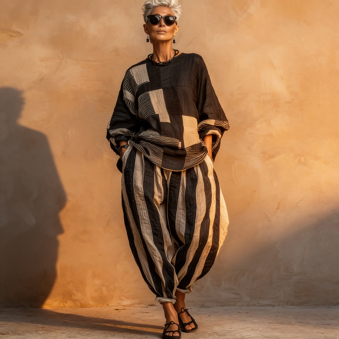 Ottilie | Women's Wide Leg Color Block Striped Round Neck Long Sleeve Two Piece Set