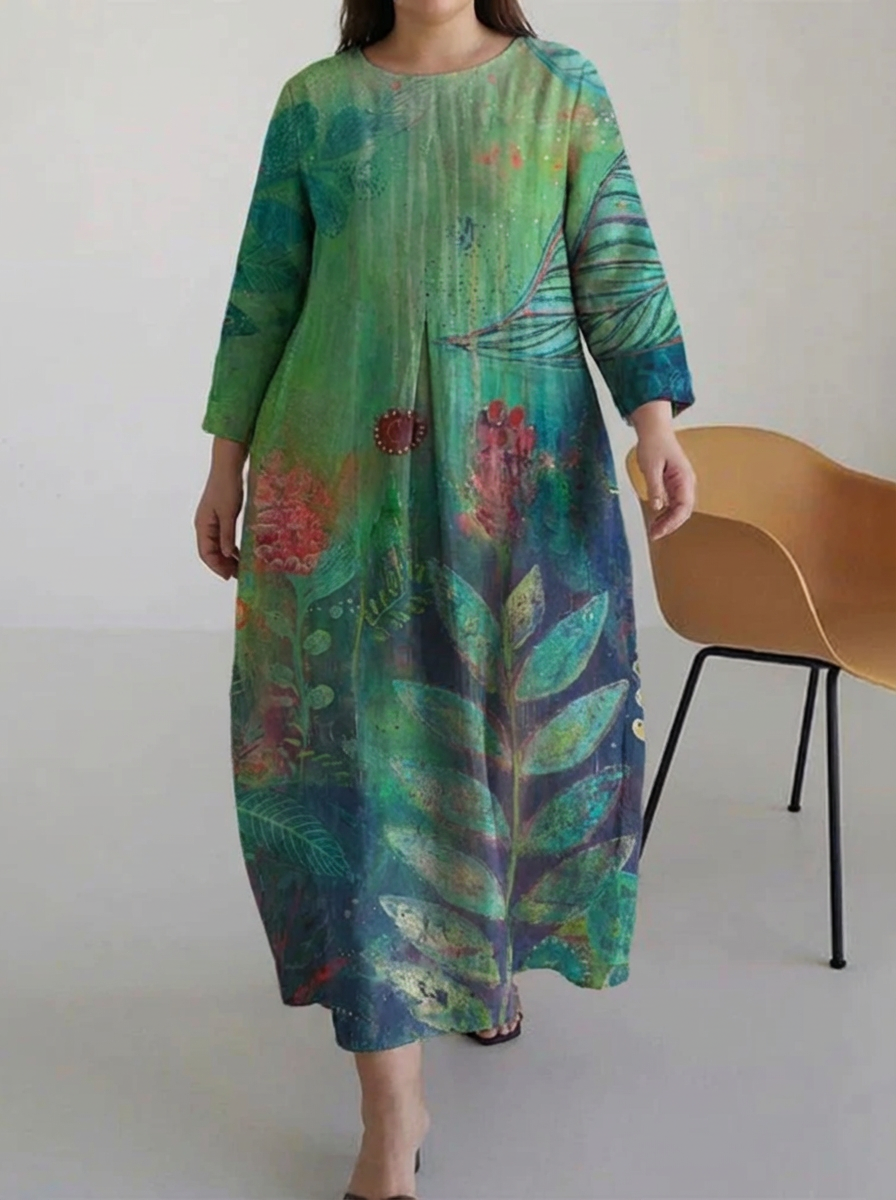 Green Floral Print Round Neck Long Sleeve Pocket Loose Oversized Plus Size Boho Midi Dress