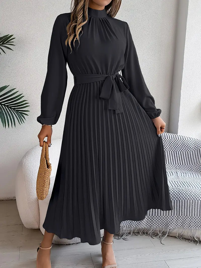 Nanette | Women's Pleated Tie Waist Long Sleeve Fall Brunch Dress