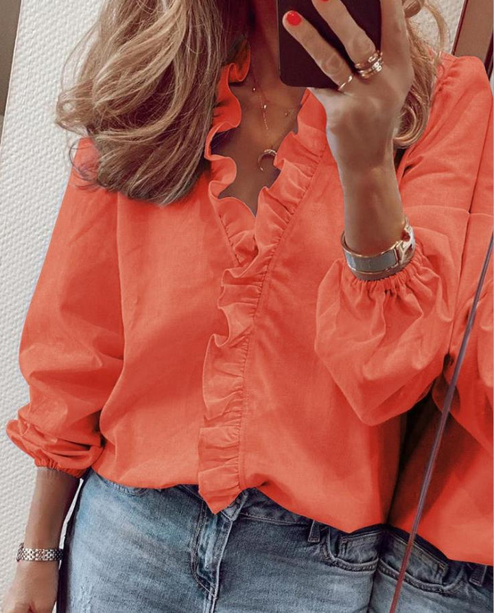 Calista | Women's V Neck Long Sleeve Ruffle Office Blouse