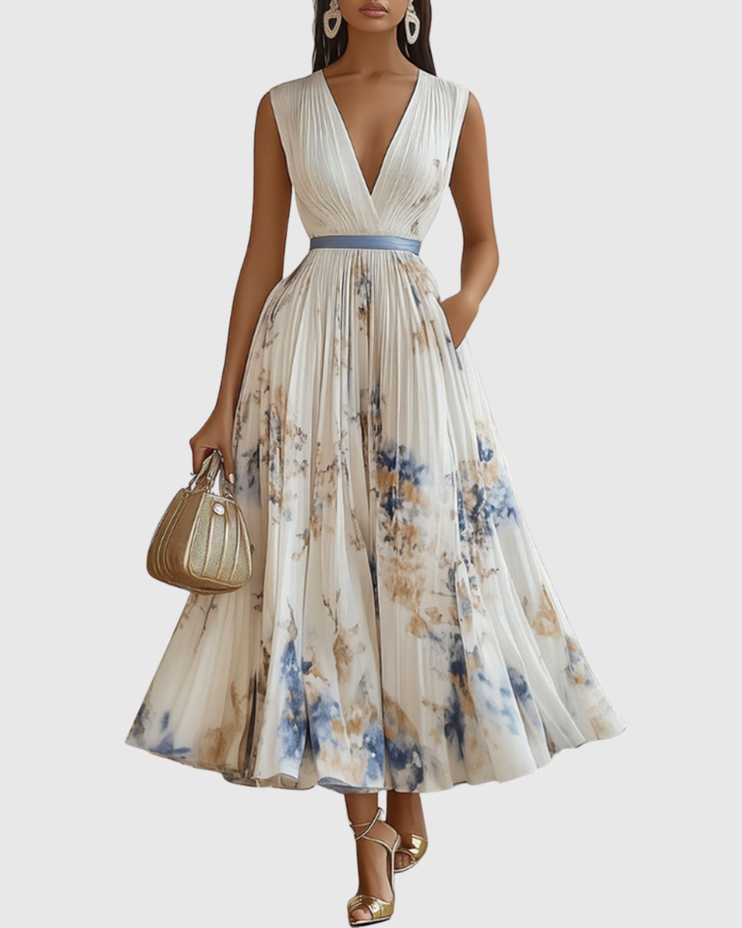 Siwan | Women Pleated V Neck Floral Midi Dress
