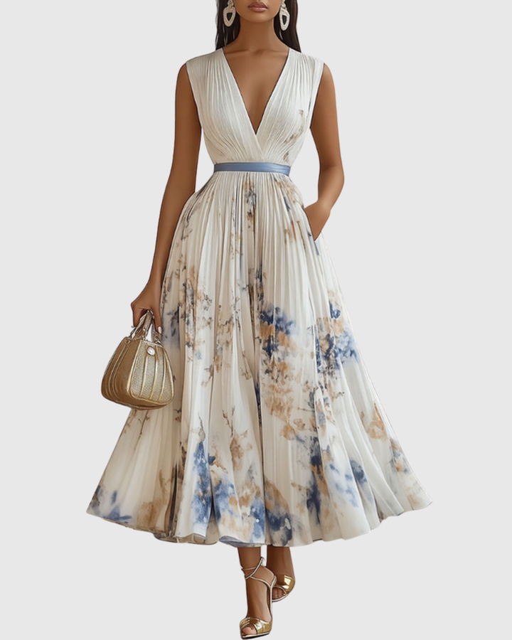 Siwan | Women Pleated V Neck Floral Midi Dress
