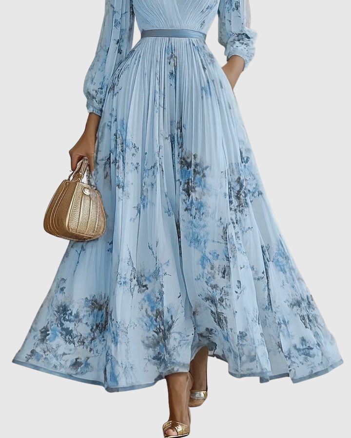 Siwan | Women Pleated V Neck Floral Midi Dress
